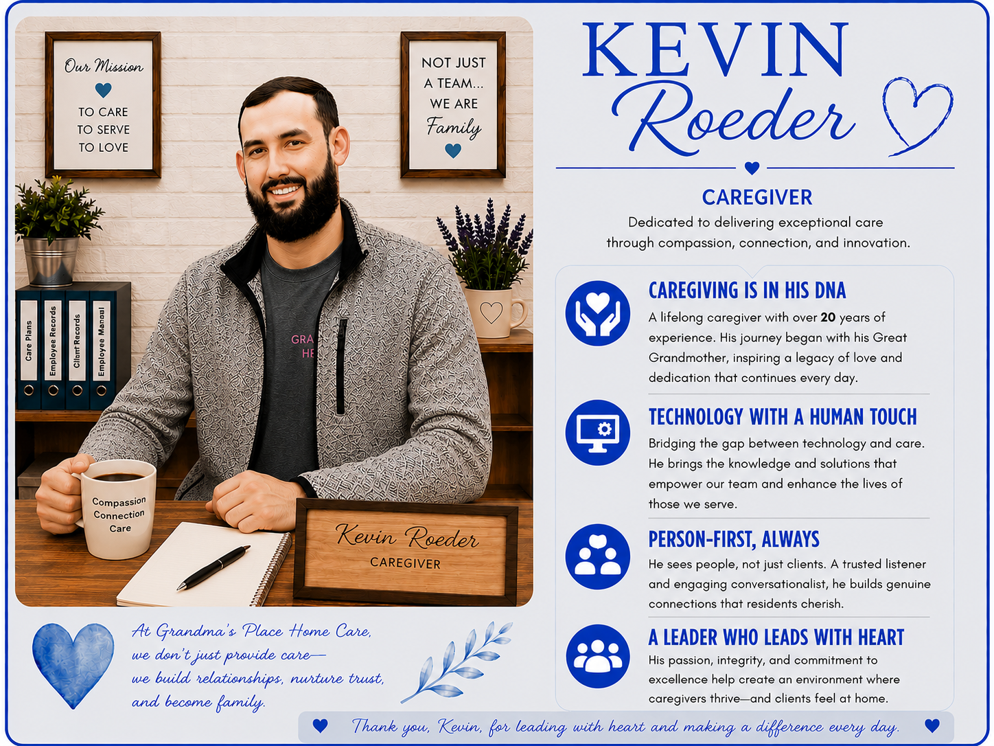 Kevin Roeder, Caregiver, in a profile graphic with his portrait and biography