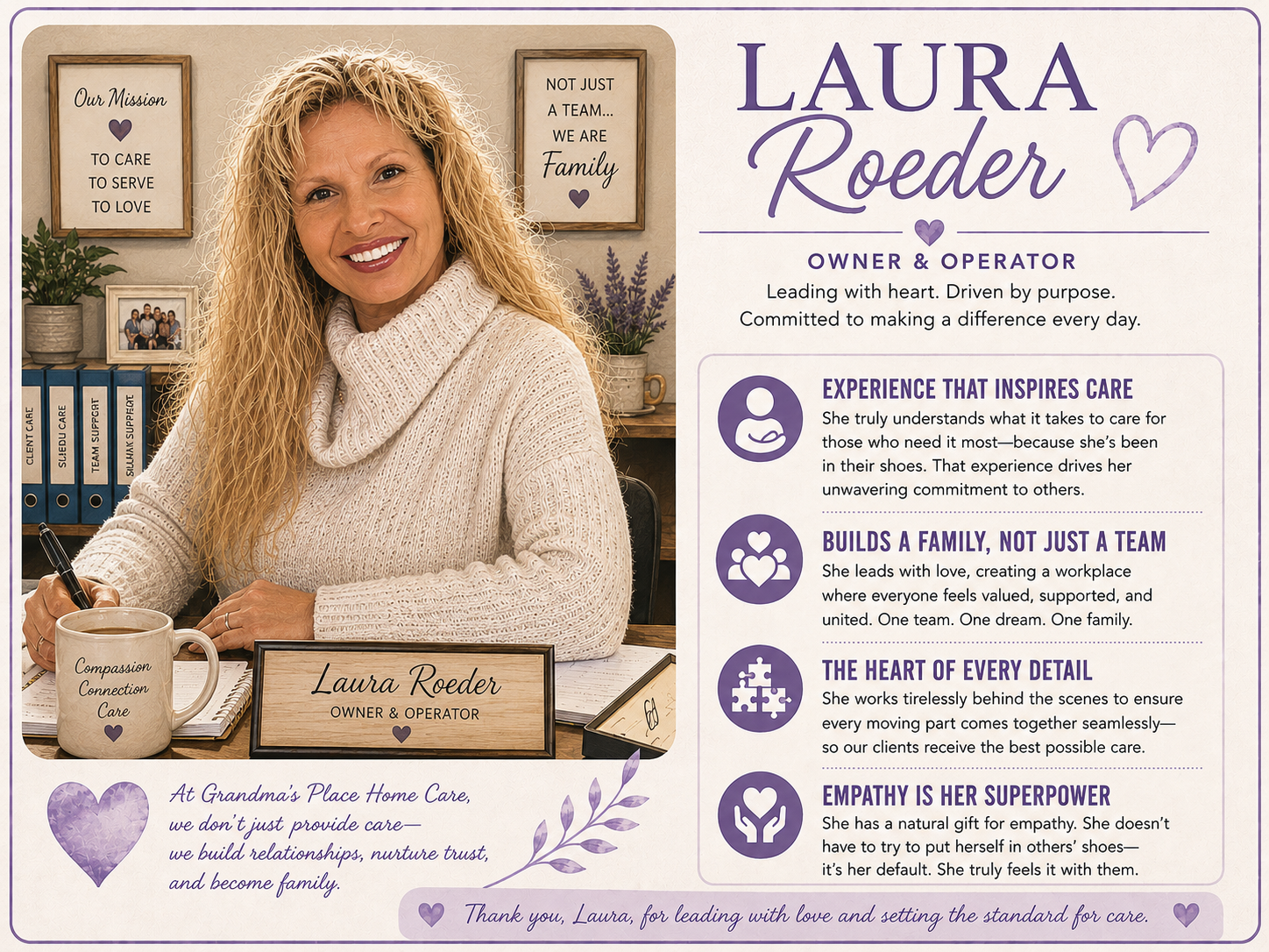 Laura Roeder, Owner and Operator, in a profile graphic with her portrait and biography