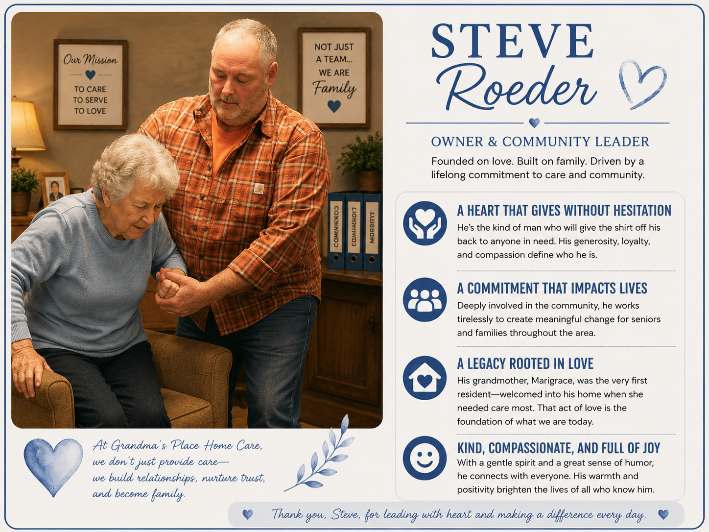 Steve Roeder, Owner and Community Leader, in a profile graphic with his portrait and biography